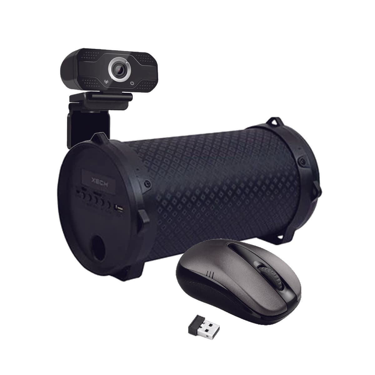 HD webcam, mouse and portable speaker