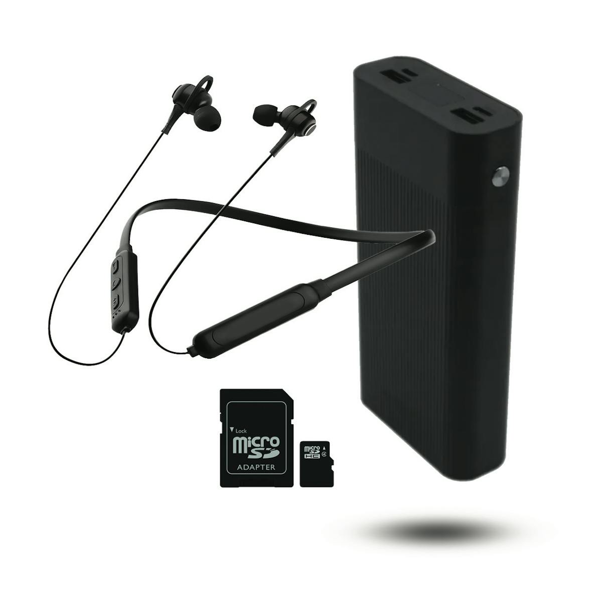 Bluetooth Earphones, power bank and 32GB SD Card